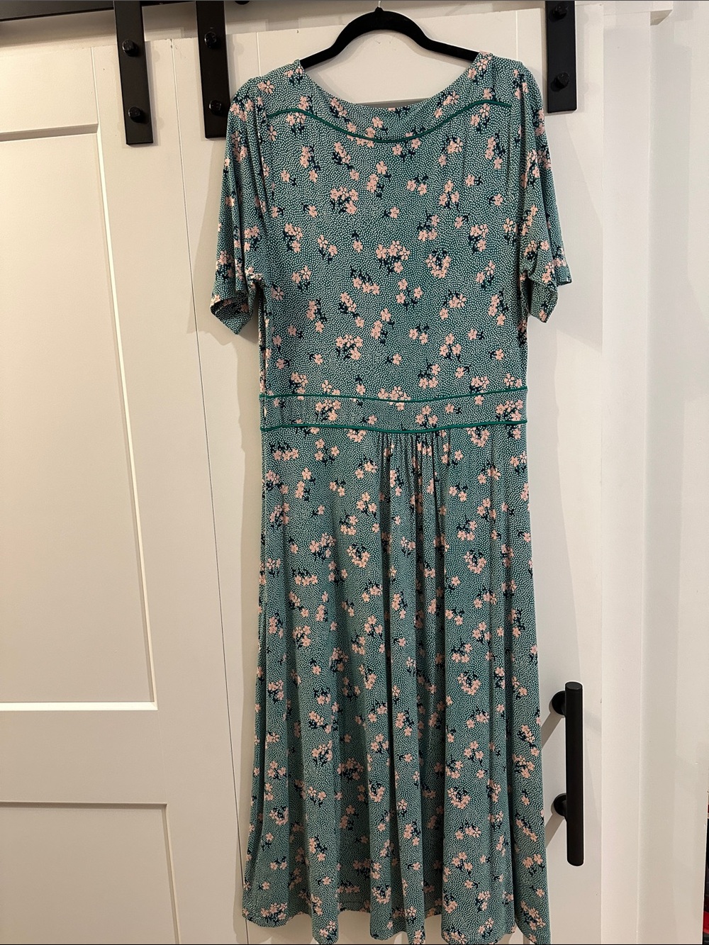 Boden Teal Floral Midi jersey Dress with Pink Blossoms, 14R - Picture 2 of 3